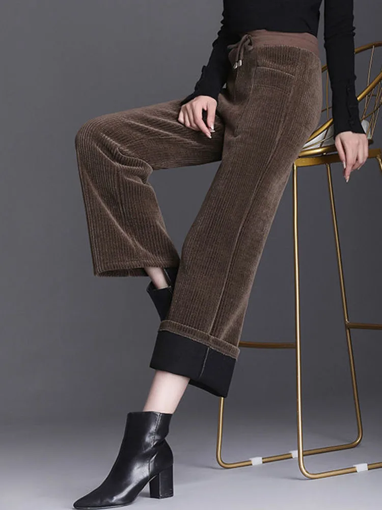 Snow Wear Loose Straight Pants Winter Warm Elastic High Waist Velvet Lined Wide Leg Pantalones Casual Thicken Ankle Length Calca