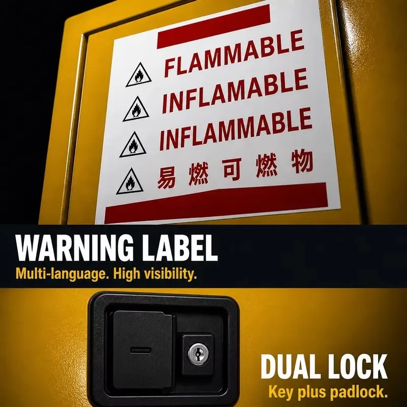 Lockable, controllable 4-100 gallon laboratory safety locker for storing and corrosive liquids
