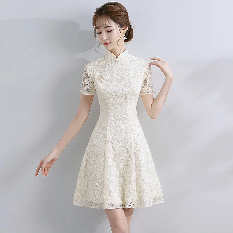 Bridesmaid Wedding Party Chinese Dresses Embroidery Flower Women Lace A-Line Skirt Dress Elegant Slim Banquet Evening Gown Qipao