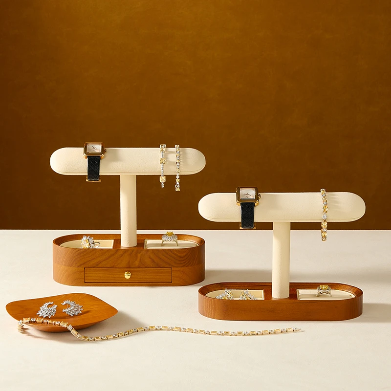 

Premium Wooden Watch Display Stand Jewelry Storage Tray , Velvet Lined, Wood Organizer for Watches, Rings, Earrings & Bracelets