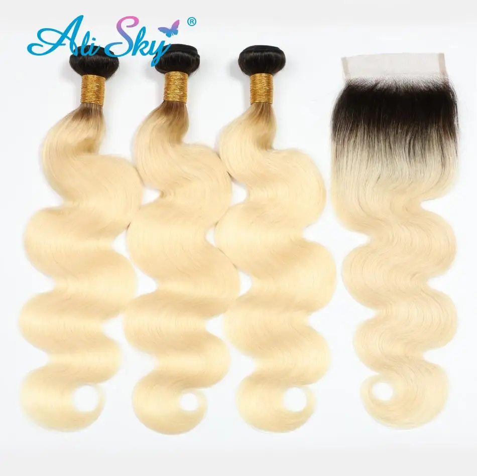 

1B/613 Blonde Body Wave Hair 100% Human Hair Extensions Remy Hair Weaving 3/4 Bundles With Transparent Hd Lace Closure Ali Sky