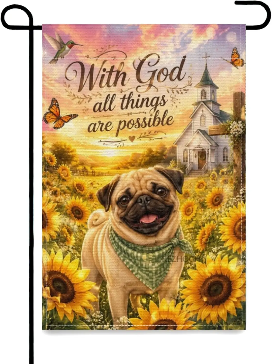 Cute Pug Dog Welcome Garden Flag 12x18 Inch,Fun Animal Sunflower Farm Spring Summer Outdoor Home Yard Decor,With God all thi xxl