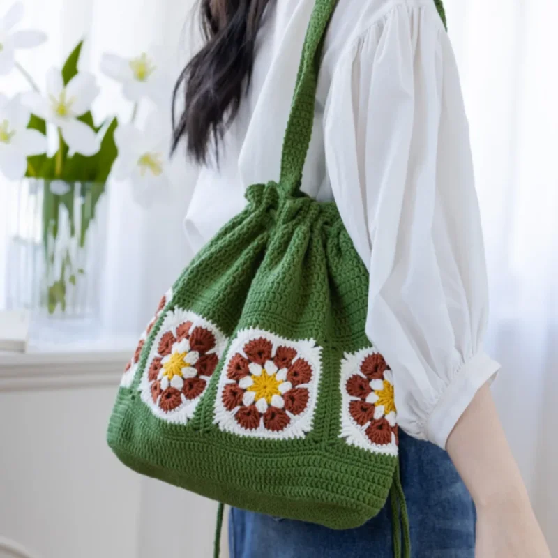 Sac à bandoulière fleur fraîche pour filles, sac à bandoulière décontracté et à la mode, sac à provisions, sac de plage tissé à la main, été