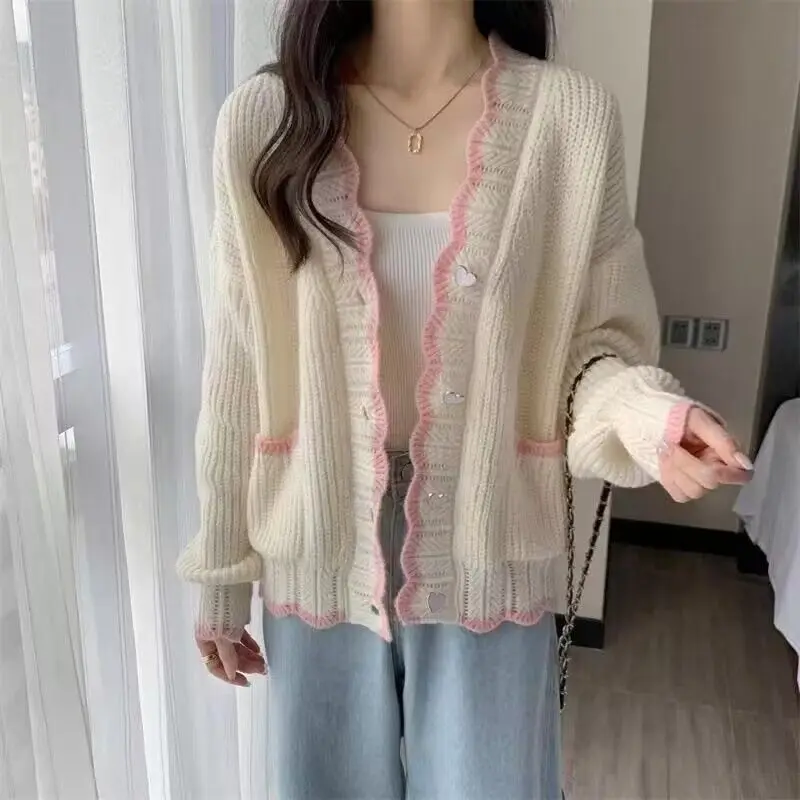 Women Autumn Sweet Fashion Loose Solid Color V-neck Long Sleeve Knitwear Ladies Ladies All-match Knitting Cardigan Coat Tops