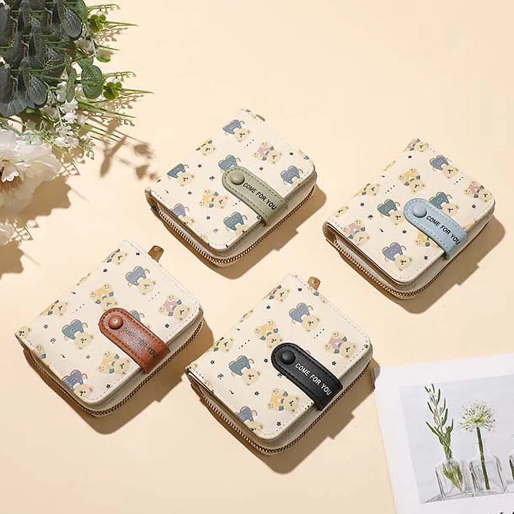 

Storage Bag Portable Cartoon Bear Wallet Patterned Snap Button Women Card Bag PVC Candy Color Lady Short PU Purses Daily