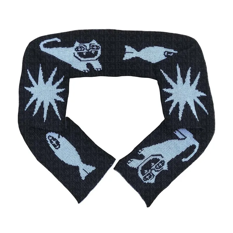 

Fashion creative Gothic striped knitted women's scarf men's winter Y2K scarf apron black cartoon Print Kpop scarf women luxury