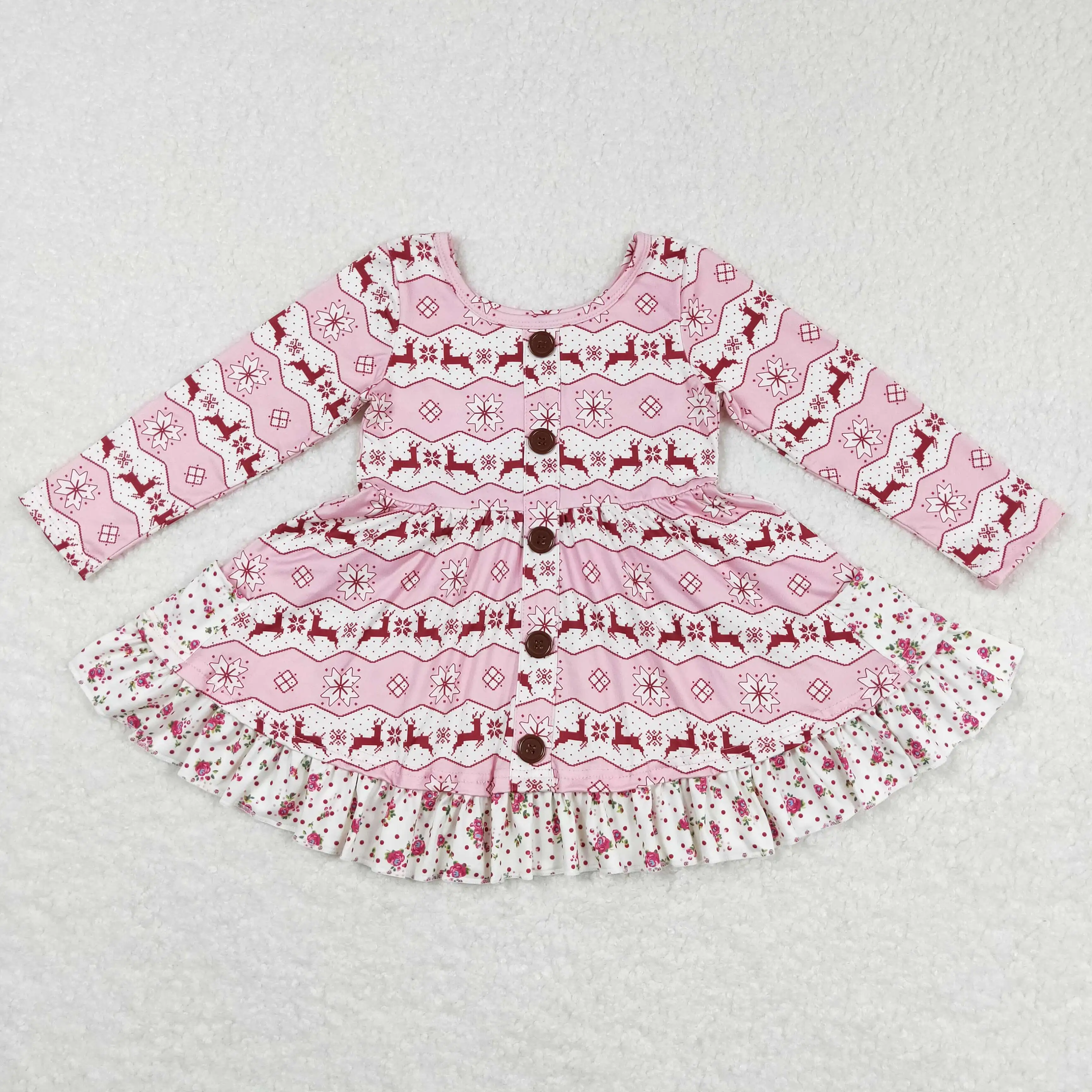 Z1023-19 New Wholesale Girls Autumn And Winter Long-Sleeved Christmas Dress With Multi-Element Round Neck Buttons