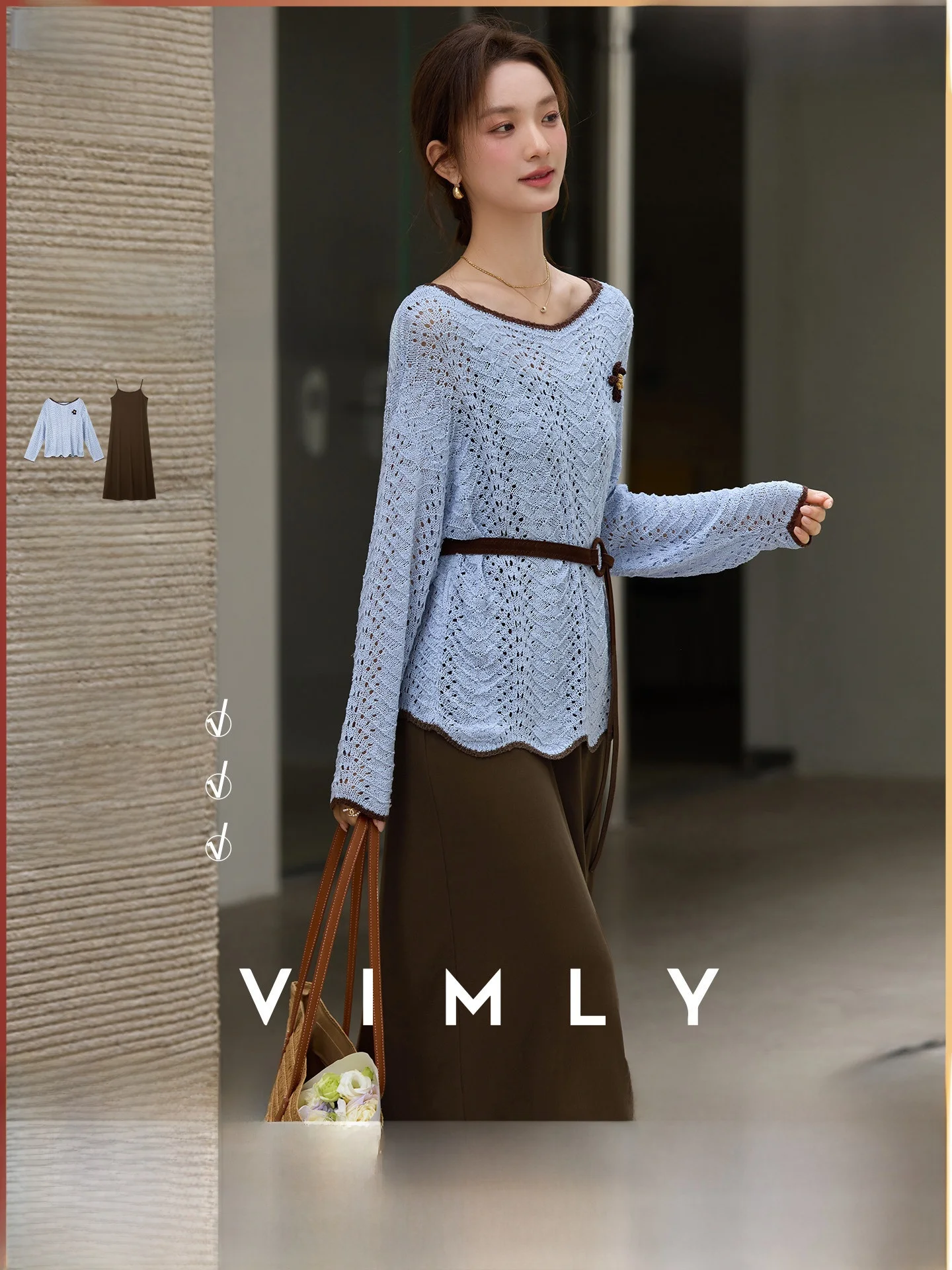 

Vimly Spring 2026 Knitted Set Dr Women's Maturi Sle Hollow out Top Strap Dr Two-Piece Set Casual round Ne Long Sl...