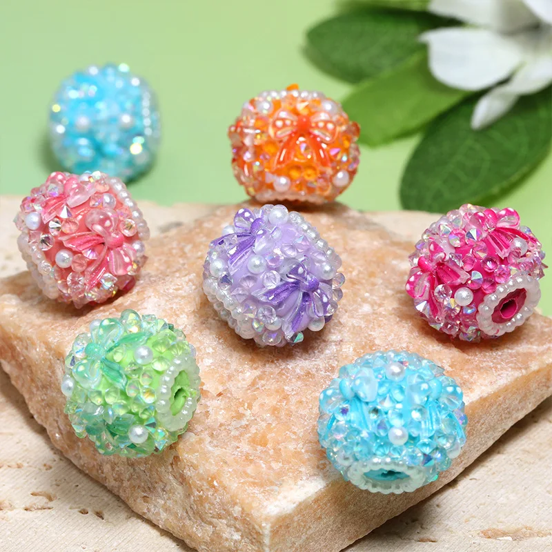 Colorful Jelly Rhinestones Ribbon Tie Bow Decorated Round Gumball Bubblegum Jewelry Beads Fit Pen Necklace Making 18*16mm 20pcs