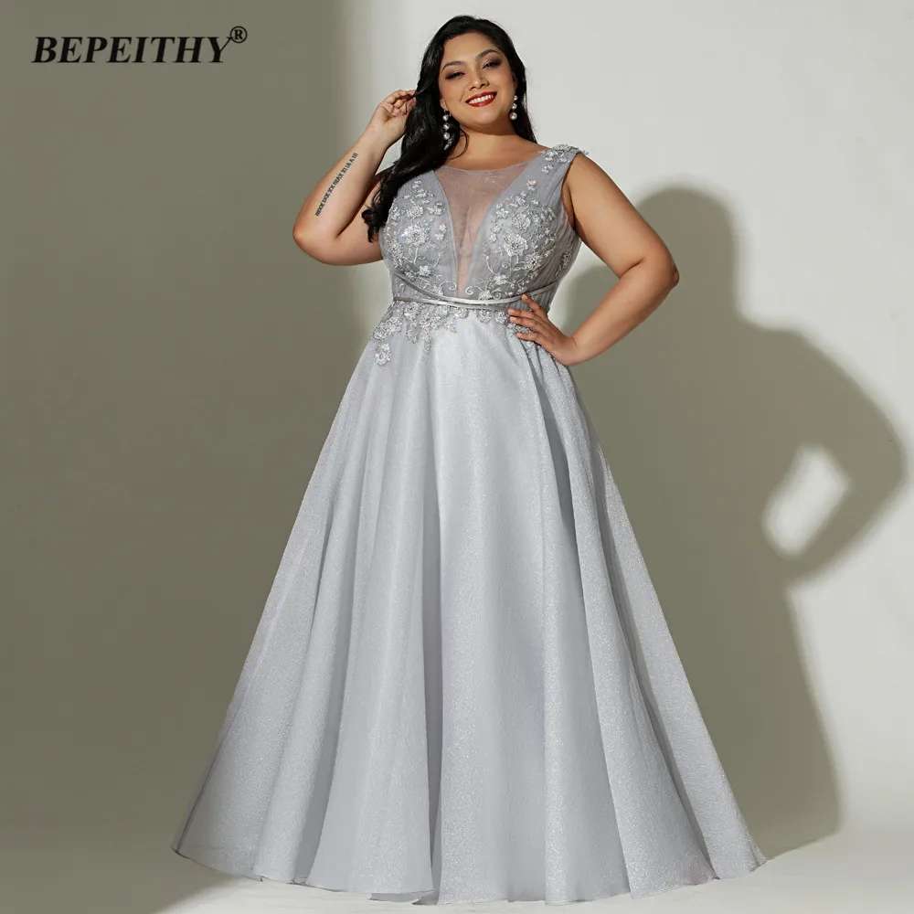 BEPEITHY Customized Gray Long Evening Dresses Sleeveless For Curve Women Sexy Open Back A Line Plus Size Prom Formal Gown 2023