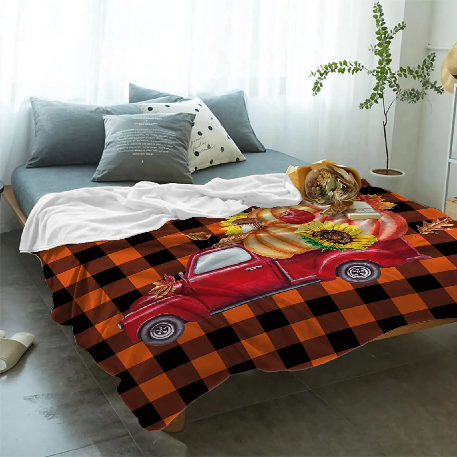 HX Thanksgiving Blankets Red Truck Pumpkin Plaid 3D Printed Throw Blanket for Bed Cozy Travel Portable Quilts Gifts Dropshipping