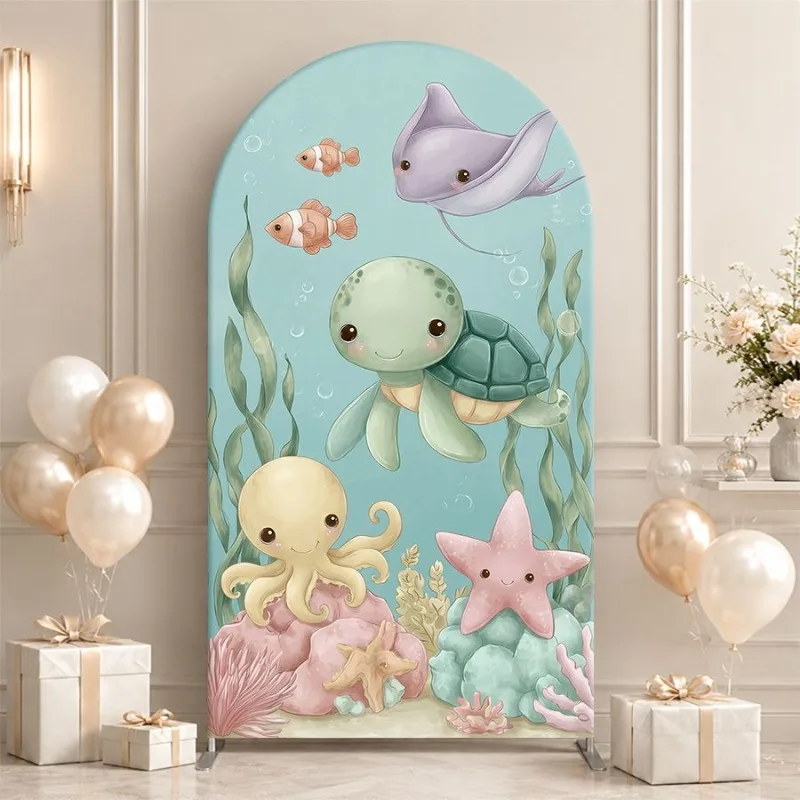 Single Side Arch Backdrop Cover Ocean Adventure Theme Backdrop for Party Decor Featuring Turtle Octopus Starfish and Fish
