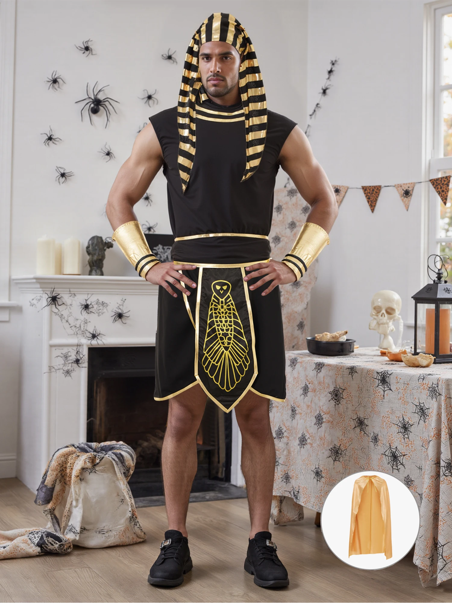 بدلة قفز زي فرعون مصري للرجال + كيب + حزام + قبعة + أساور معصم مجموعة أزياء الملك توت #4