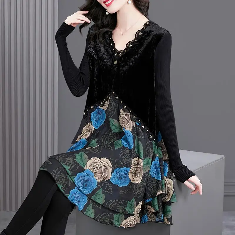 Women's Vintage Printing Patchwork Tops Tees Spring Autumn New Long Sleeve V Neck Loose Bottoming Shirt Fashion Elegant Clothing