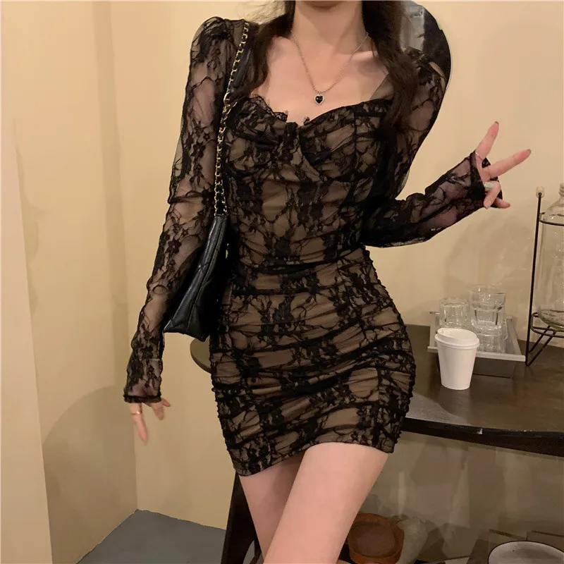 플러스 사이즈 여성용 섹시 블랙 레이스 드레스 한국 스타일 하이웨이스트 V넥 롱 스커트 A라인 실루엣 출퇴근용 드레스
