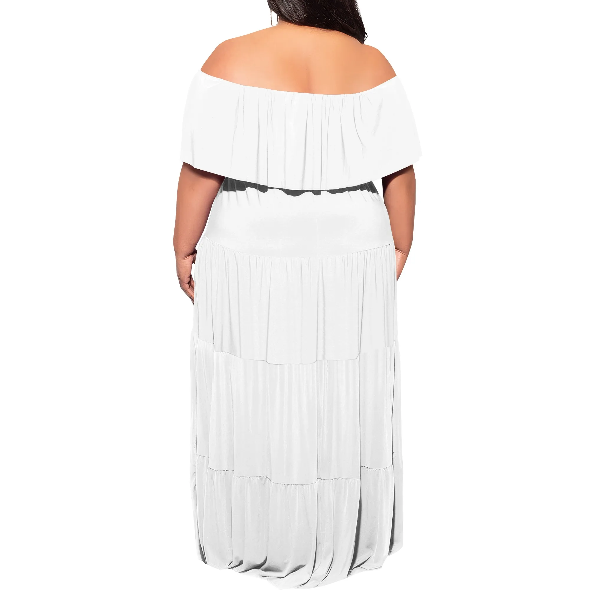ผู้หญิงขนาดบวกปิดไหล่ชุดแม็กซี่นัวเนีย Flowy ลําลองฤดูร้อน Boho ชุดยาว