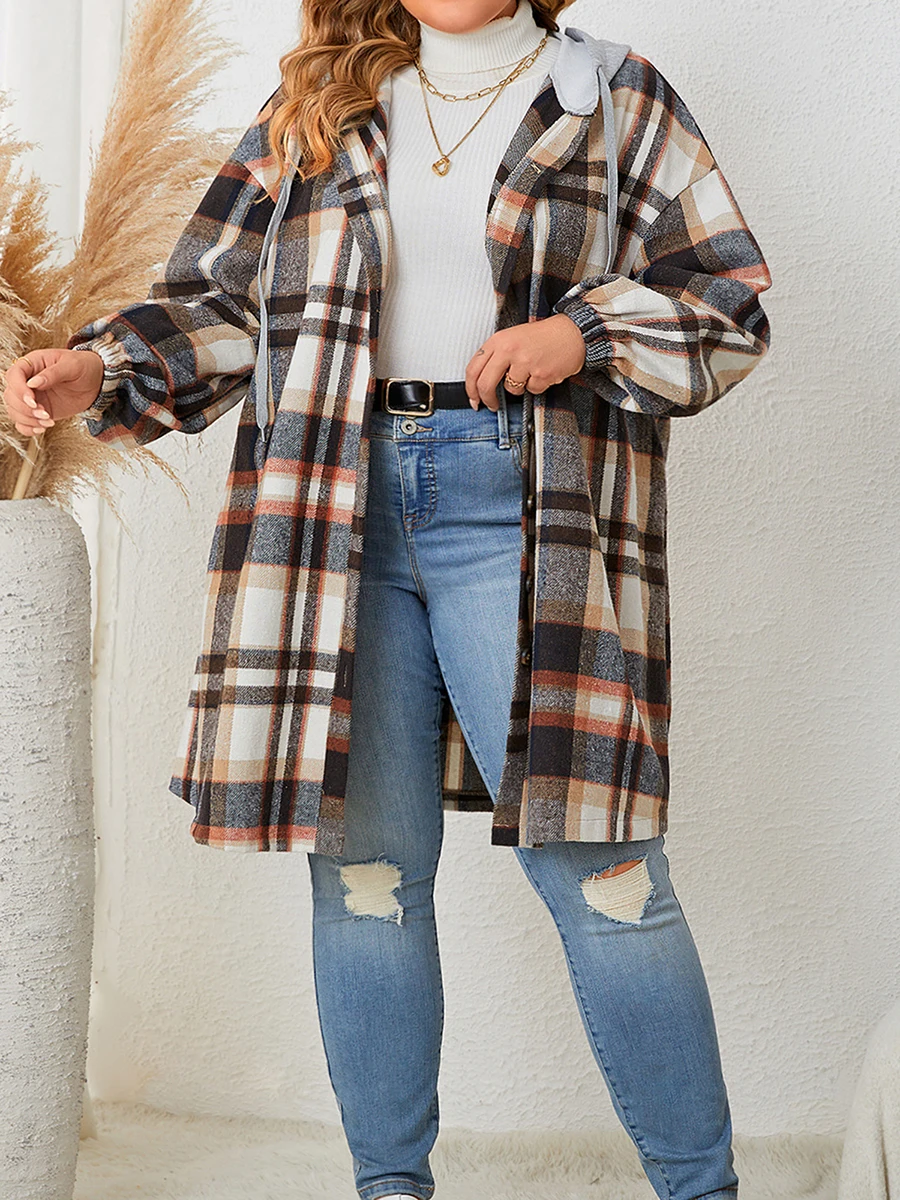 Women s Plaid Oversized Hooded Shacket with Long Sleeves and Button Down Front - Stylish Fall Coat for Women