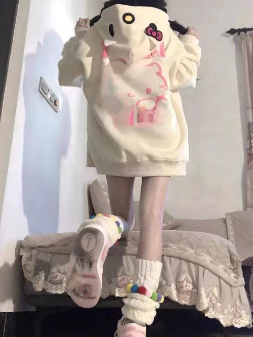 Kit  Print Loose Hooded Zipper Sweatirt Women's Open Cardigan Sweet New Sle INS Outerwear Autumn Winter Trend Brand