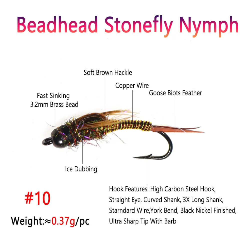 Bimoo #10 6PCS Brass Bead Head Fast Sinking Stonefly Nymph Brown Hackle Copper Wire Wet Nymph Fly For Trout Fishing Lures Baits