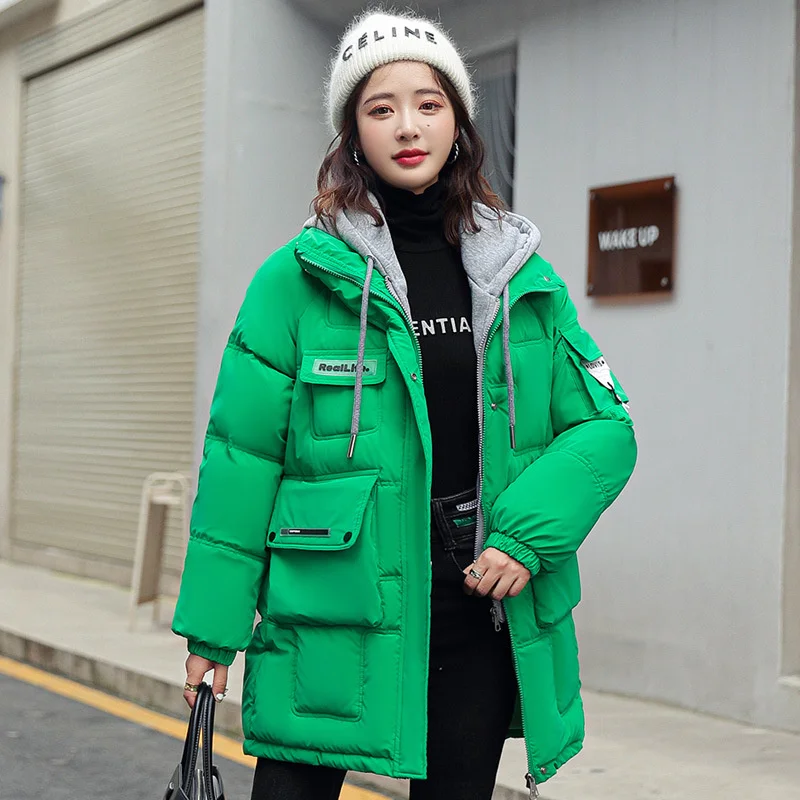 Parkas de algodão acolchoado com capuz feminino, jaquetas amadas grossas e quentes, outerwear feminino solto, azul, branco, verde, inverno, novo, 2022