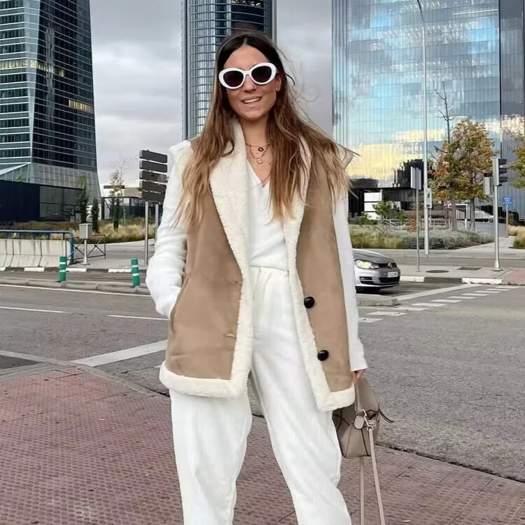 

Женское осеннее замшевое пальто с отложным воротником на флисовой подкладке, однобортный женский жилет, уличная куртка в корейском стиле для женщин