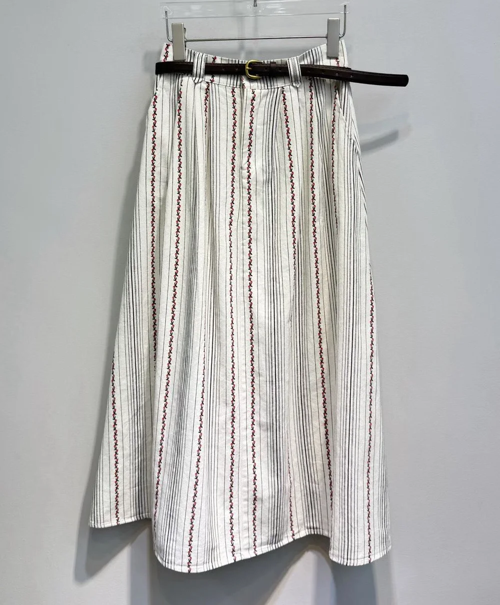 High Quality New Long Denim Skirt 2026 Summer Fashion Women Sweet Little Floral Print Pocket Belt Deco Casual Striped Skirts