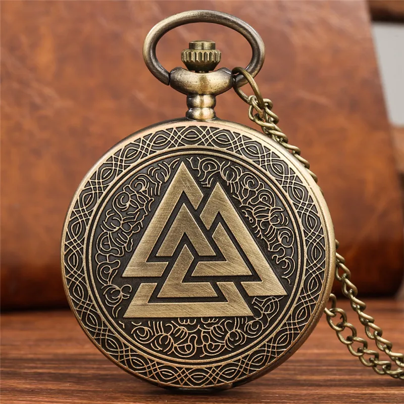 

Retro Three Triangle Full Hunter Design Necklace Chain Clock Arabic Numbers Analog Quartz Pocket Watch for Men Women Collectable