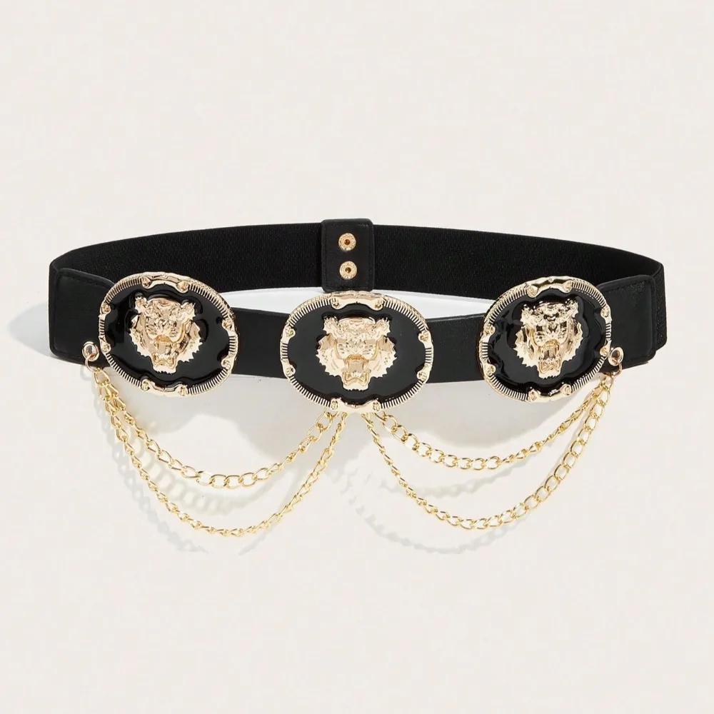 1 Piece Gold Tiger Head Three Buckle Elastic Women's Plastic Waist Chain Waist Seal