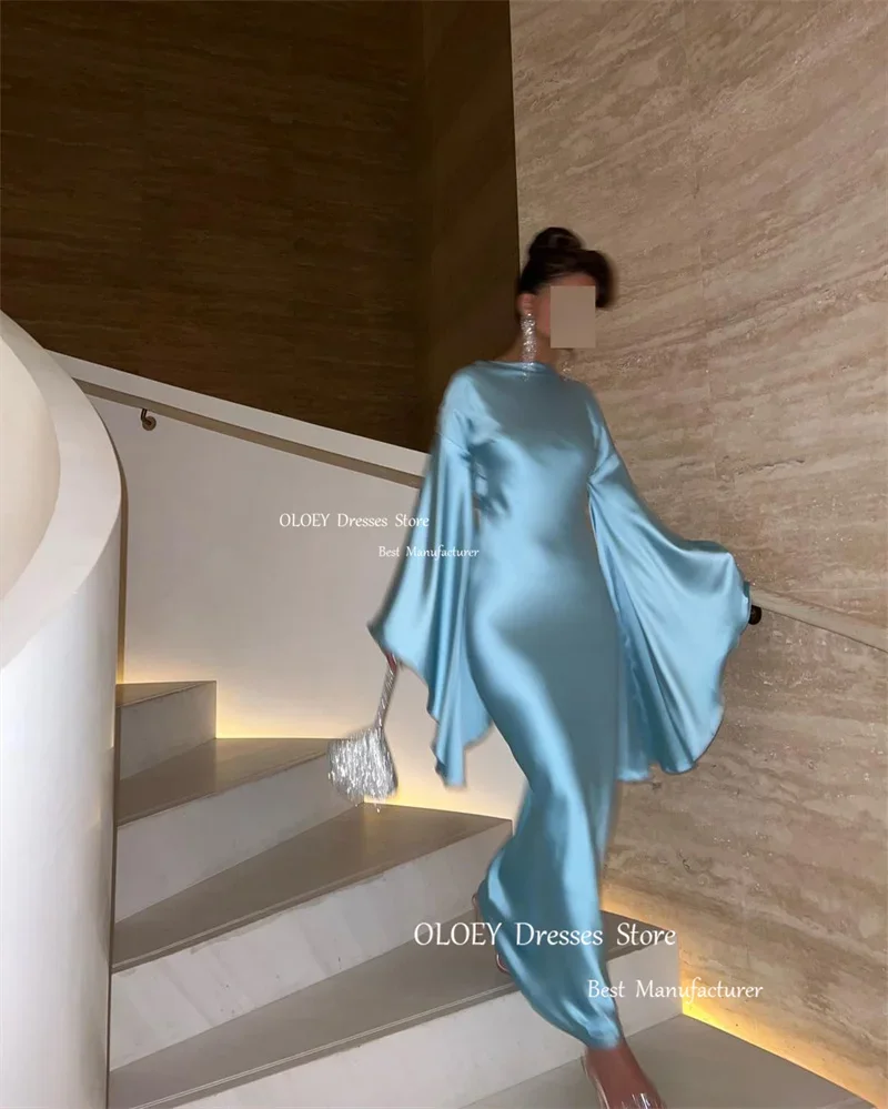 OLOEY Simple Light Blue Silk Satin Evening Party Dresses Flare Long Sleeves Bateau Neck Arabic Women Prom Dress Event Formal