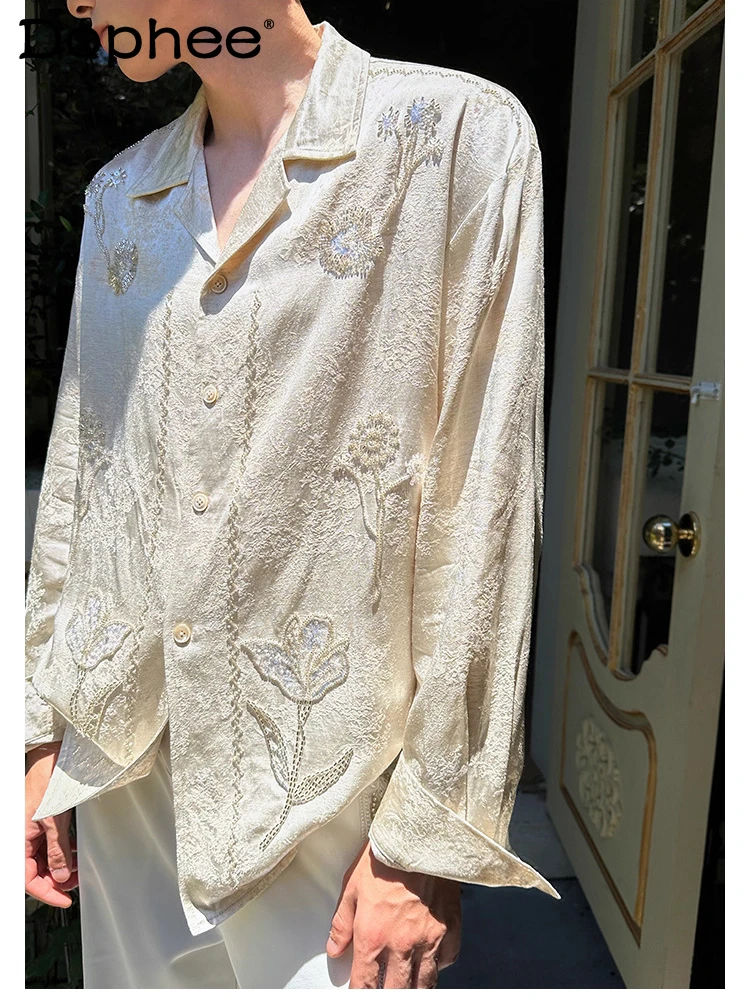 

Men's 2025 Autumn New High-End Tops Male Fashion Loose Comfort Long Sleeve Satin Shirts Men's Sequin Floral Design Shiny Shirts