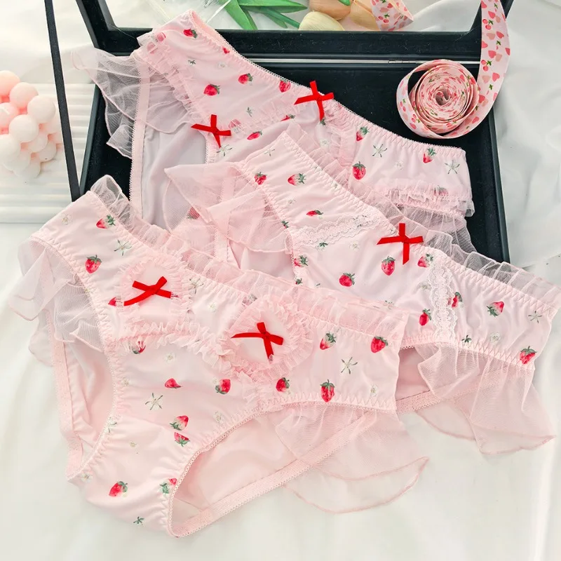 Women Milk Silk Strawberry Print Cute Lovely Sweety Underwear Elasticity Breathable Soft Seamless Lace Panties Bow Lolita