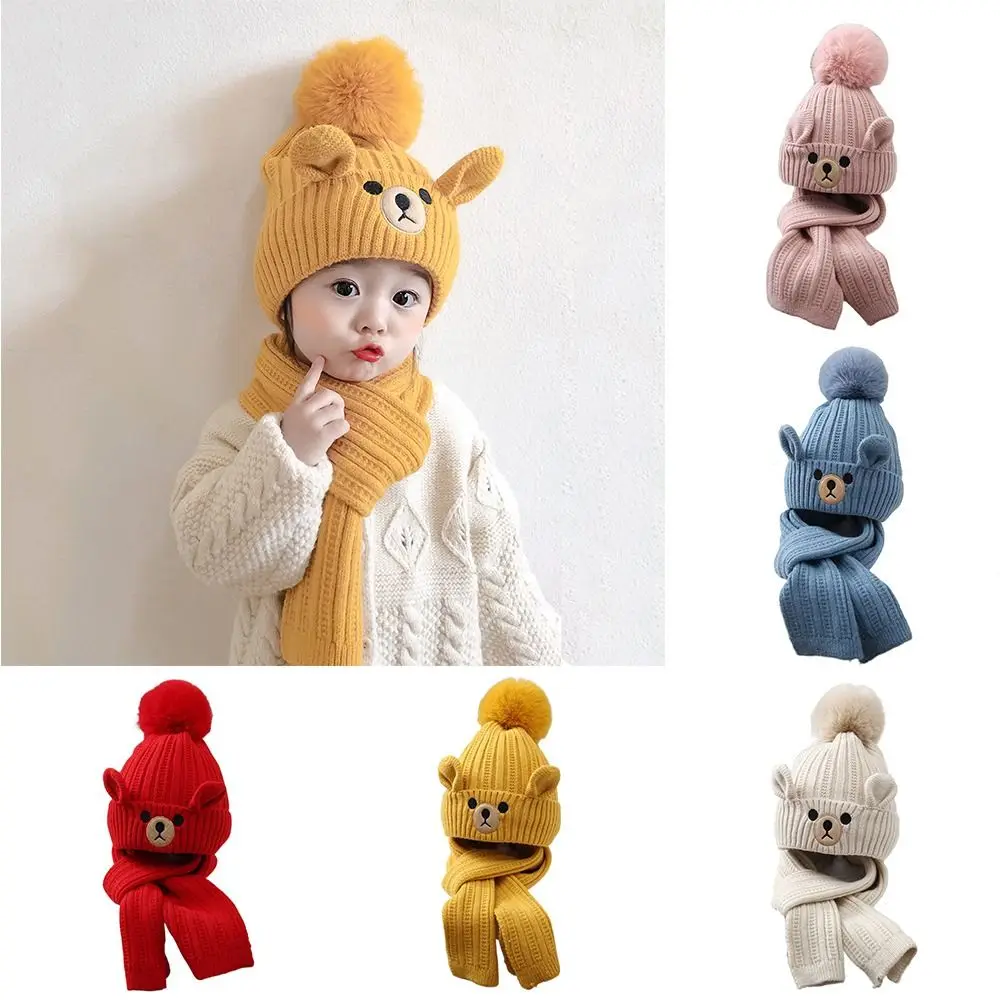 Cute Bear Children Scarf Hat Set Baby Wool Crotch Beanie For Girls And Boys Winter& Autumn Baby Cloth Accessories