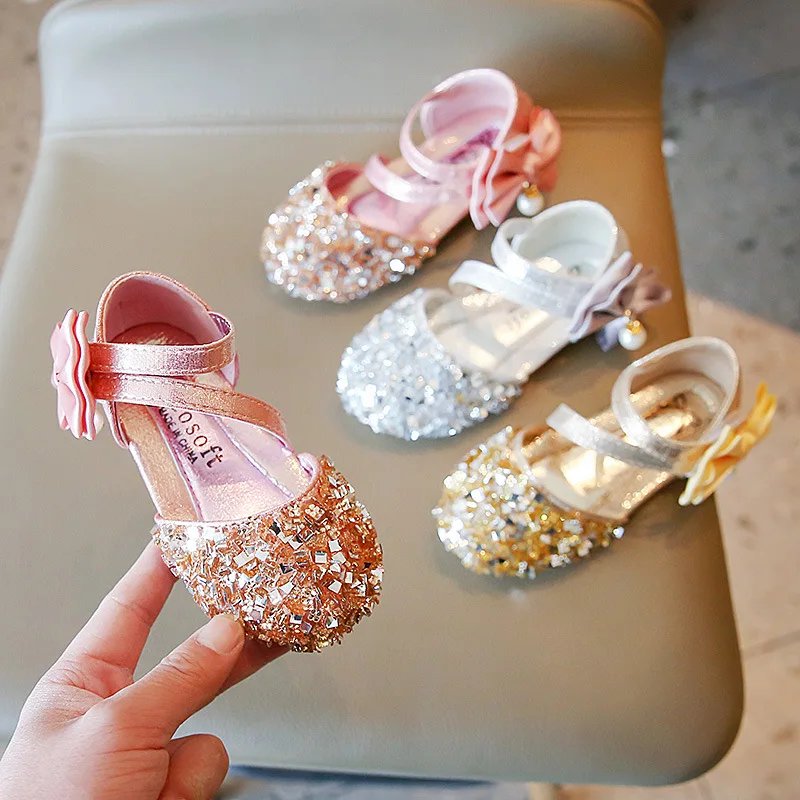 1-12 Toddler Sandals Summer 2022 Kid Shoe Baby Princess Leather Shoes Child Sandals Girl Crystal Sequins Party Fashion Bow Shoe