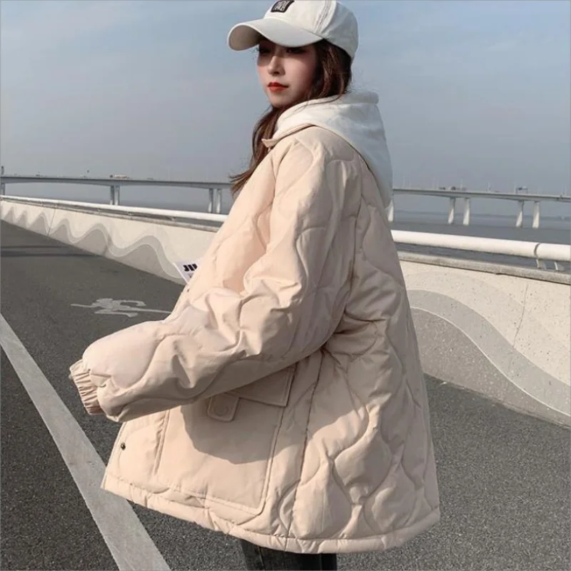 Women's Autumn and Winter New Loose Diamond Check Cotton-padded Jacket Lapel Cotton-padded Casual Jacket