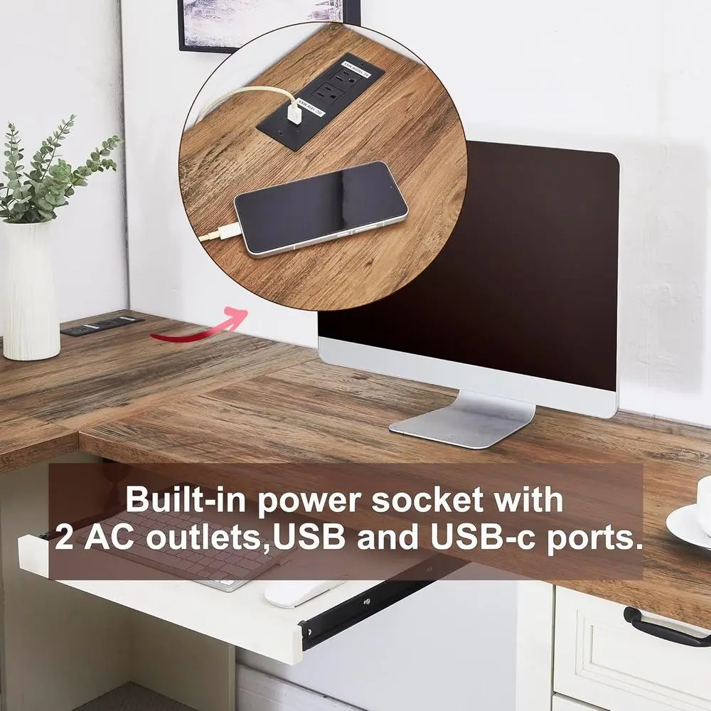 مكتب زاوية ريفي 69 على شكل حرف L مع صينية لوحة مفاتيح، وحدة تخزين قابلة للقفل، وخزانة ملفات قابلة للتعديل، ومحطة شحن #5