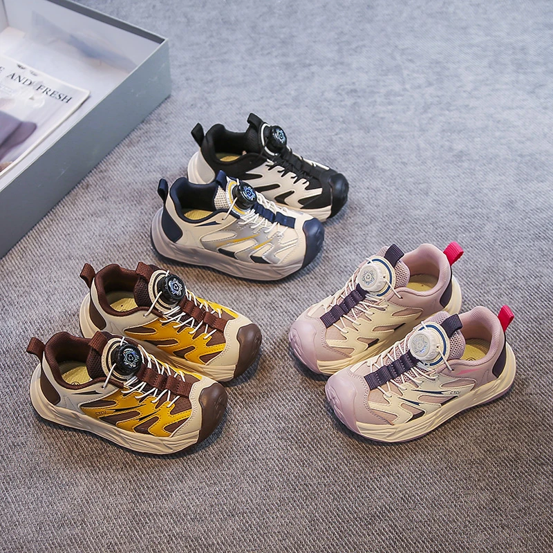 

Kids Sports Shoes Toes Capped Children Running Shoes Rotating Button 2025 Autumn New Boys Girls Casual Shoes Mesh Soft Bottom