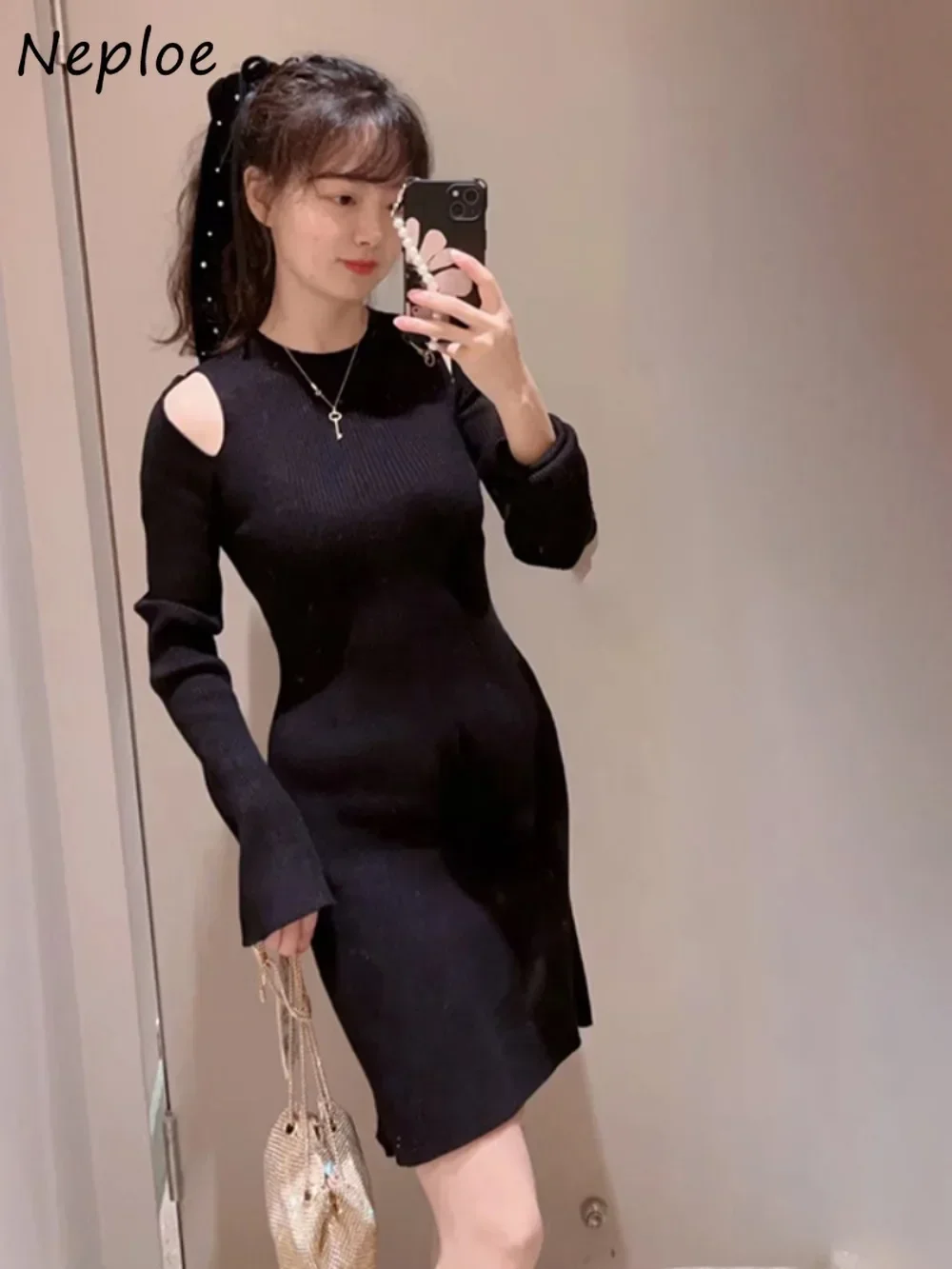 Neploe Temperament O Neck Flare Sleeve Srtipe Dress Off Shoulder All-match Knit Casual Robe Japanese Slim French Style Vestido