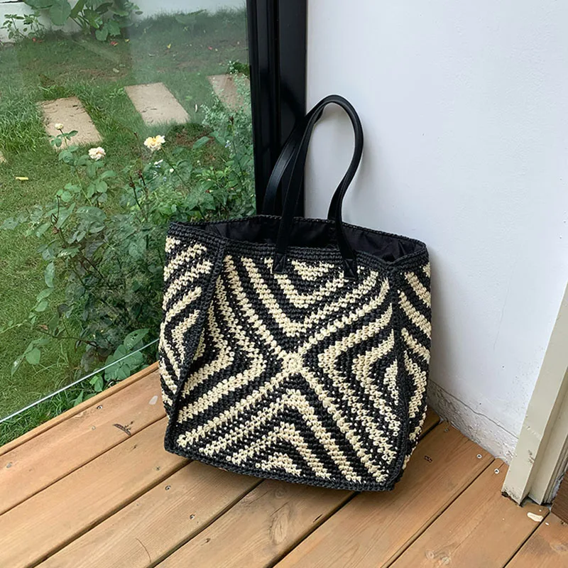 

Vintage Summer Bucket Shoulder Bags Designer Women Summer Holiday Straw Bag Pu Leather Spliced Beach Bag Casual Totes Handbag