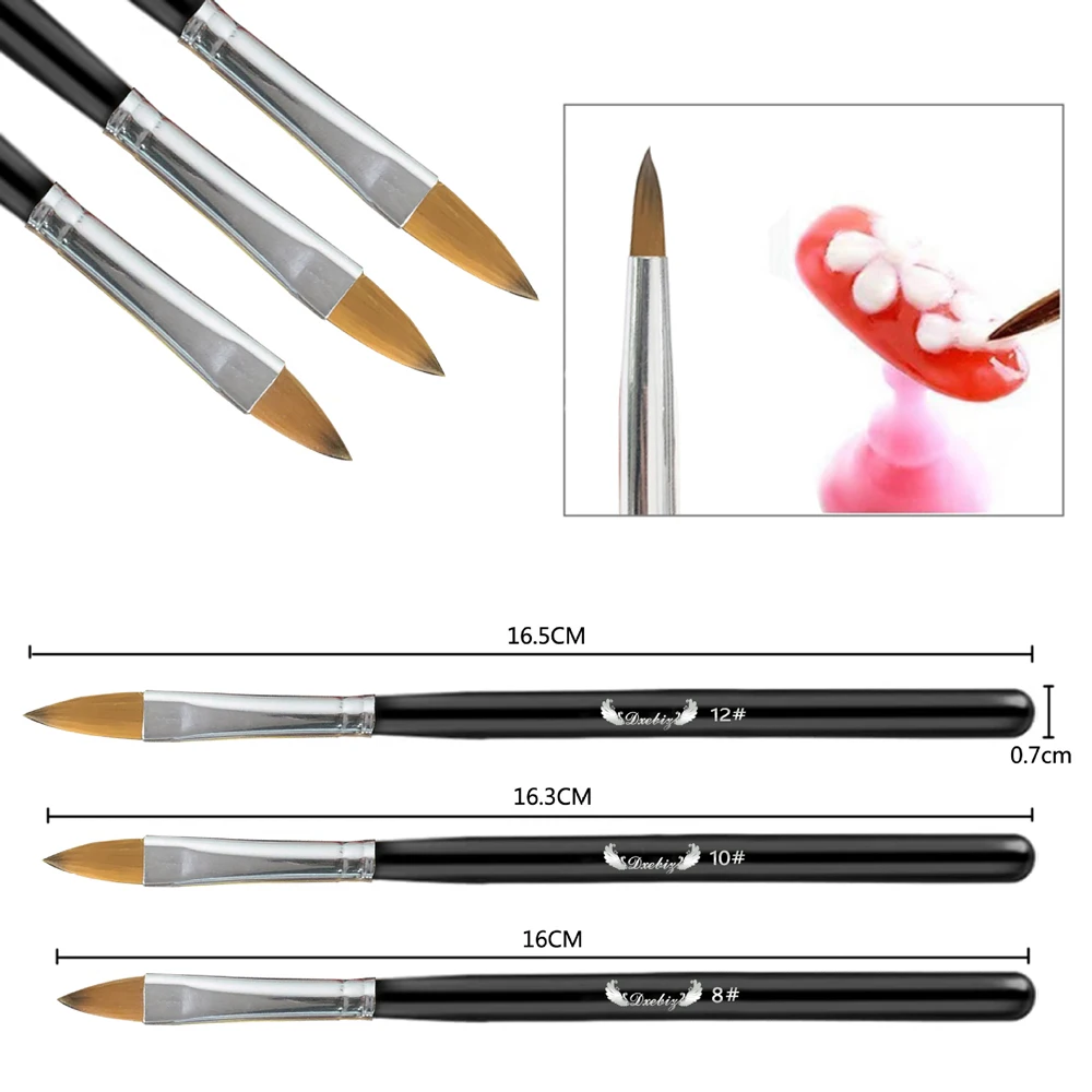 3Pc(8/10/12mm) Acrylic Black Nail Brush  UV Gel Carving Dipping Powder Crystal Pen DIY Acrylic Nails Extension Styling Tool