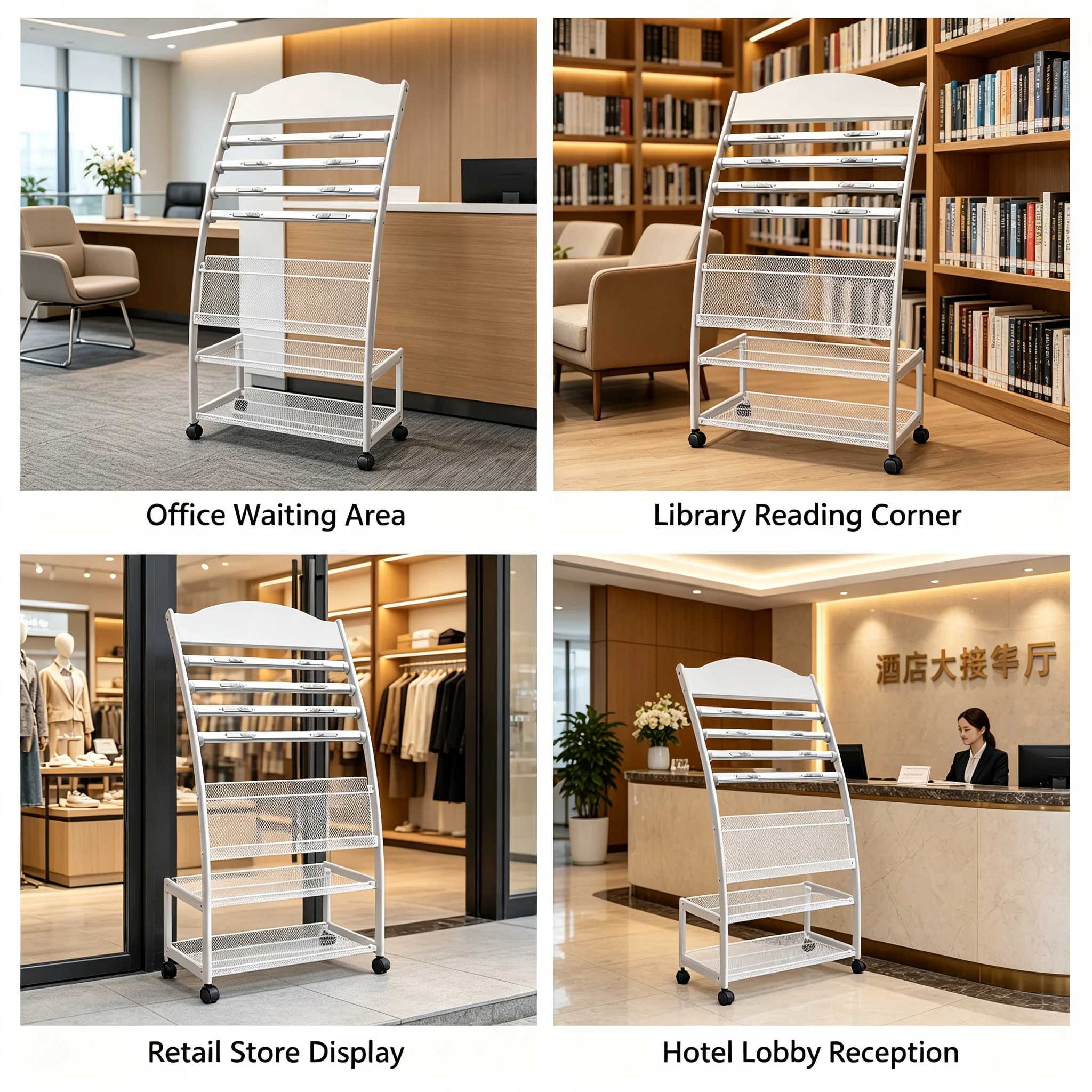 Magazine Display Stand with 4 Wheels (2 with Brakes), 4 Aluminum Alloy Clips & Mesh Baskets, Freestanding Brochure Rack for Office Waiting Room Library Store
