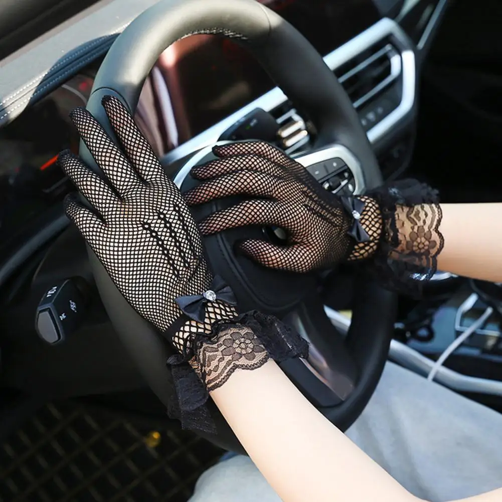 1 Pair Women Prom Gloves See-through Lace Bow Rhinestone Decor Fishnet Ruffle Edge Full Finger Performances Bride Wedding Glove