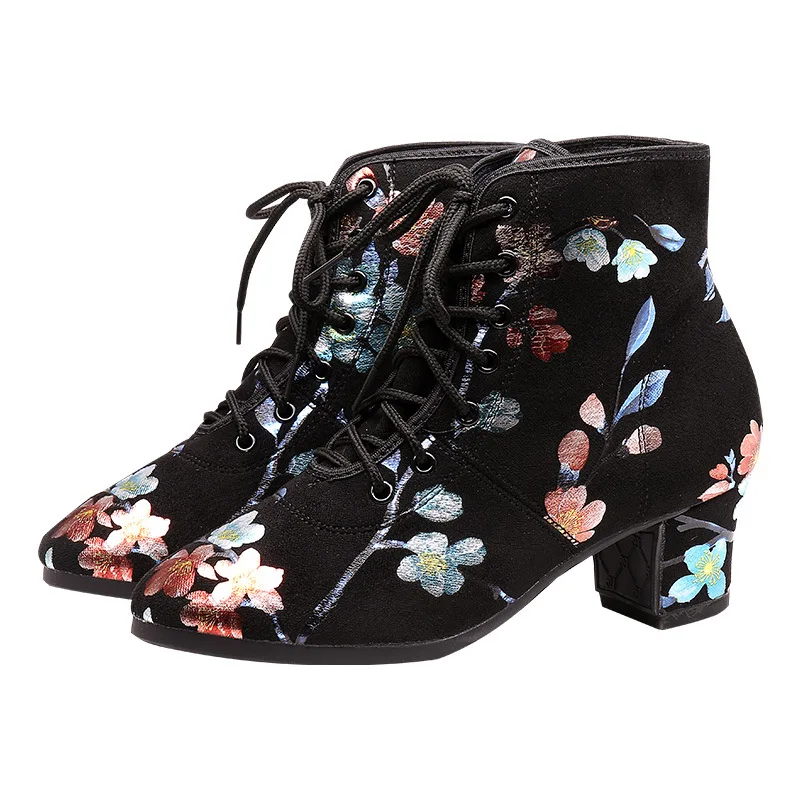 Stampa di fiori Stivali da ballo Scarpe da jazz da donna Tacchi alti morbidi di alta qualità Scarpe da ballo moderne da donna Stivali da ballo da donna