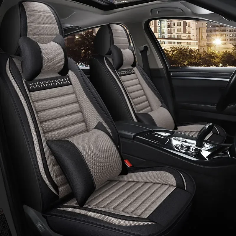 Five-seat fully enclosed car seat cushion cover, all-season linen fabric, breathable summer car interior