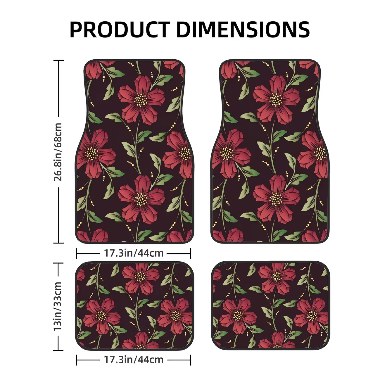 4-Piece Set of Red Floral Pattern Printed Car Floor Mats, 2 Large Mats + 2 Small Mats