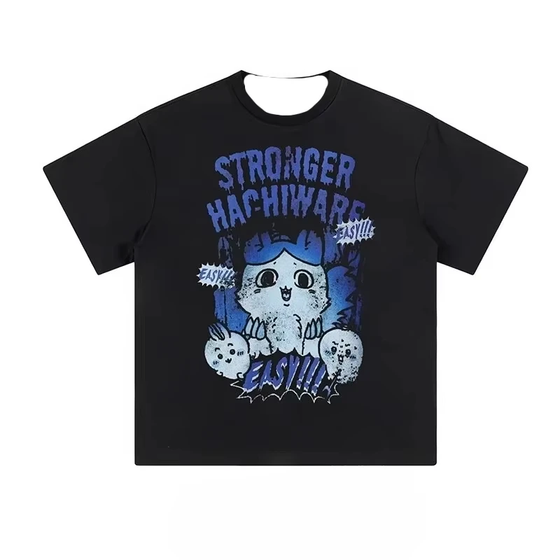 2026 Retro Grunge Hachiware Chiikawa Graphic T-shirt Black Oversized Tees Distressed Rock Style Anime Print Short Sleeve