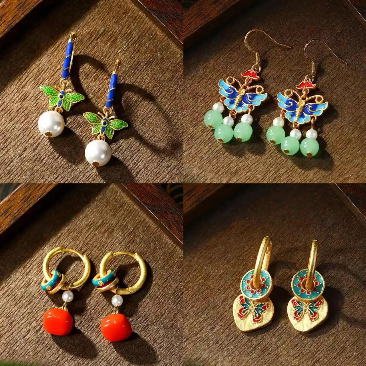Ethnic Chinese Butterfly Flower Shape Earrings for Women Jade Bead Pearl Pendant Luxury Palace Jewelry Vintage Design Charm Gift