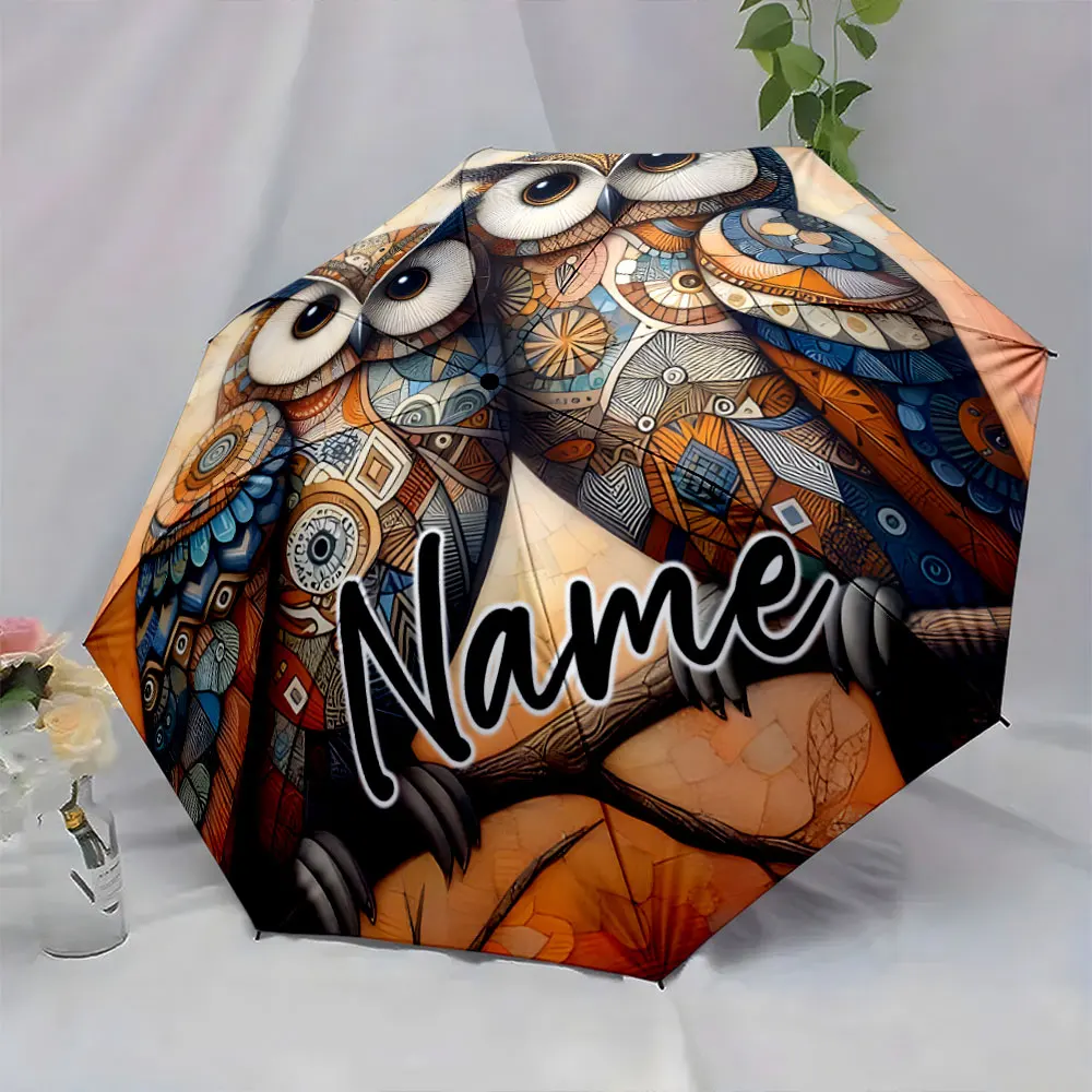 Custom Name Stylish Owl Print Umbrella for Personalized Elegance Print 8 Iron Ribs Folding Umbrella Auto-Open Fashion Sunshade