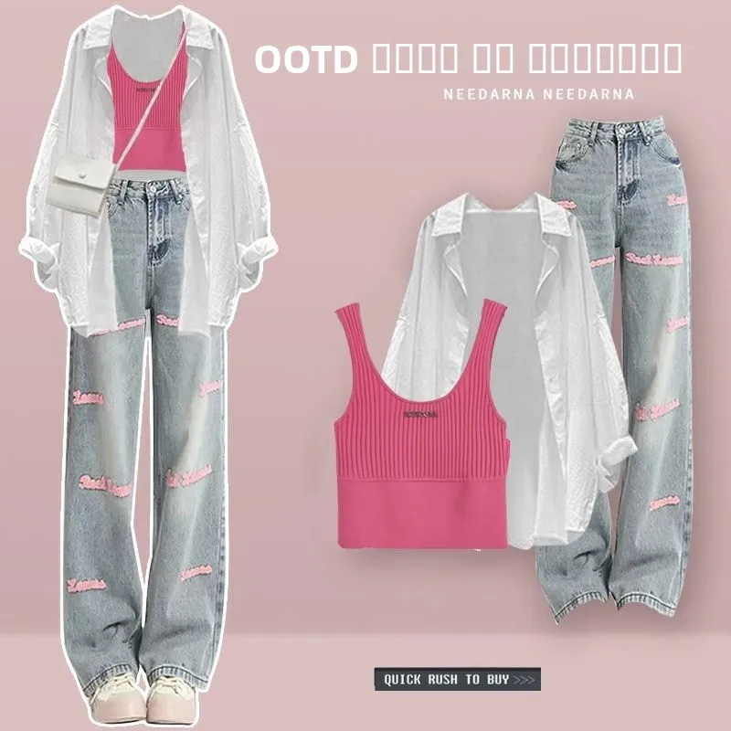 

Summer plus Size Fashion Casual Women's Set High Waist Denim Crop Top And Skirt Slimming Three-Piece Ensemble