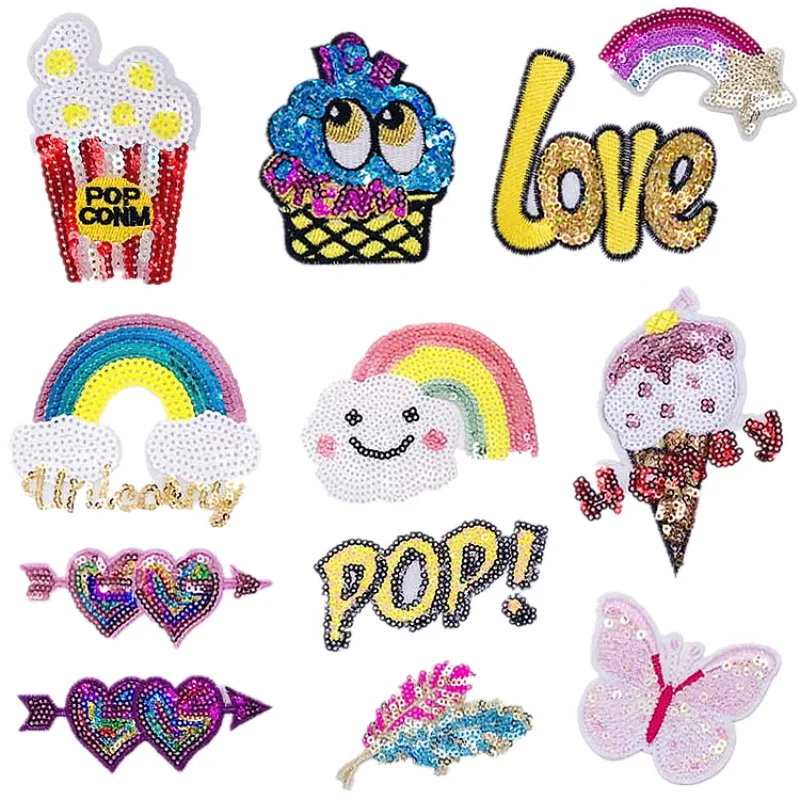 50pcs/Lot Luxury Sequin Embroidery Patch Feather Popcorn Rainbow Ice Cream Butterfly Shirt Clothing Decoration Craft Applique