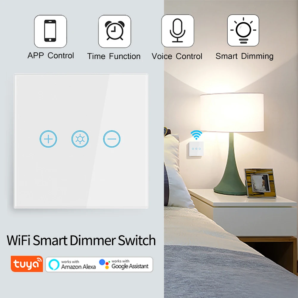 EU US WiFi Smart Glass Panel Wall Touch Switch Dimmer Switch by Smart Life Tuya APP Remote Control for  Alexa Google Home